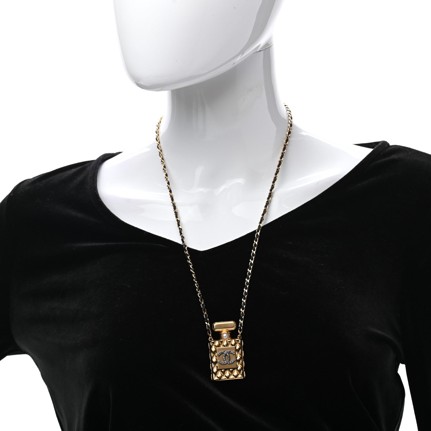 Chanel Crystal Pearl Perfume Bottle CC Necklace Black Gold 2 of 7
