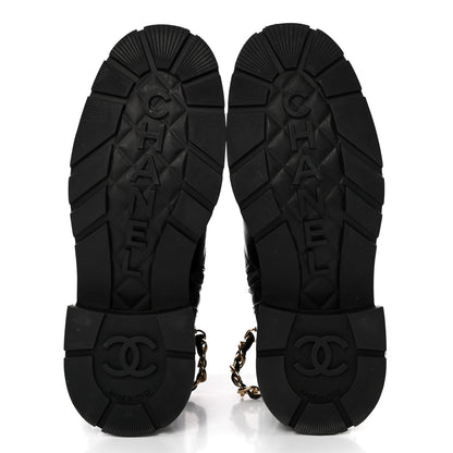 Chanel Shiny Calfskin Patent Quilted Chain Lace Up Combat Boots 37 Black 5 of 15