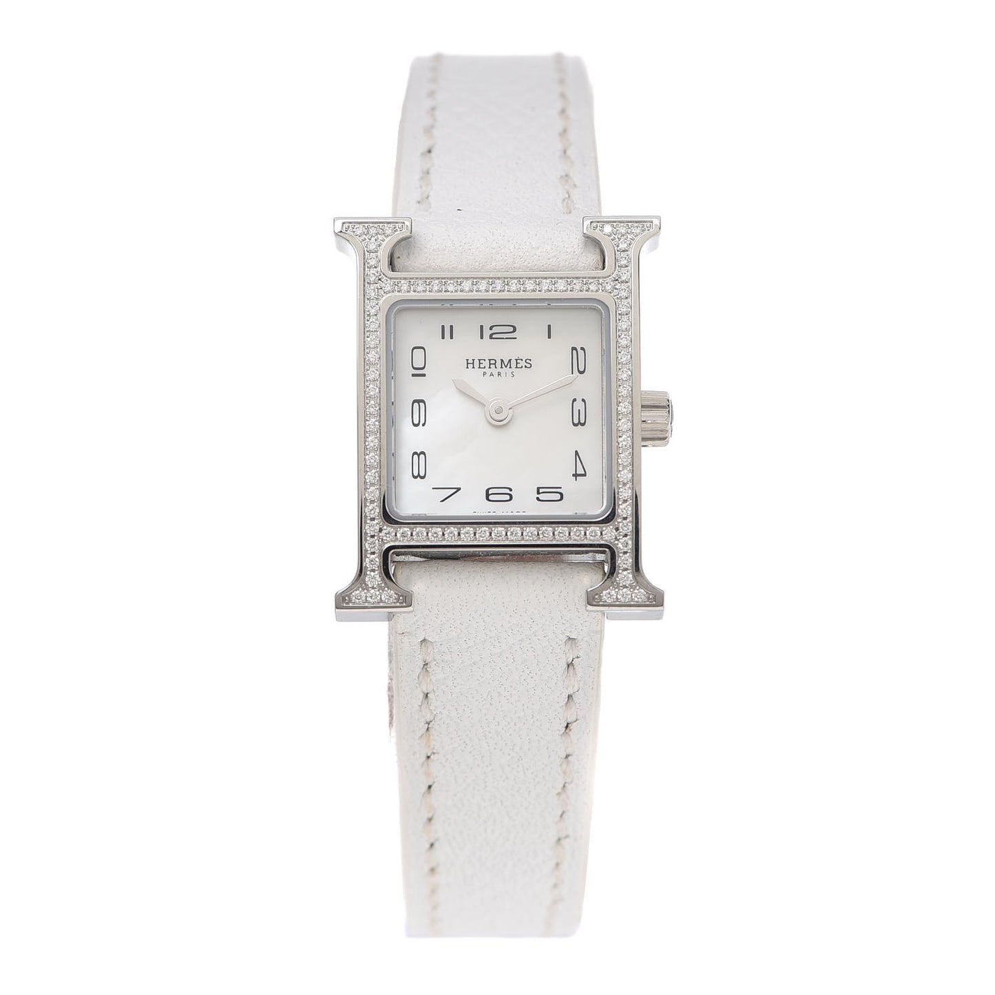 Stainless Steel Epsom Diamond Bezel Mother of Pearl 17.2mm Heure H Hour Quartz Watch Blanc