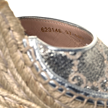 Gucci Lame GG Monogram Ankle Wrap Platform Espadrille Wedges 37 Silver Beige Light Grey 8 of 10
