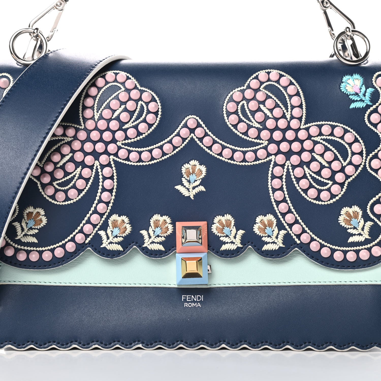 Fendi Vitello Liberty Scalloped Studded Flowers and Bows Kan I Shoulder Bag Amazzonia Multicolor 8 of 16