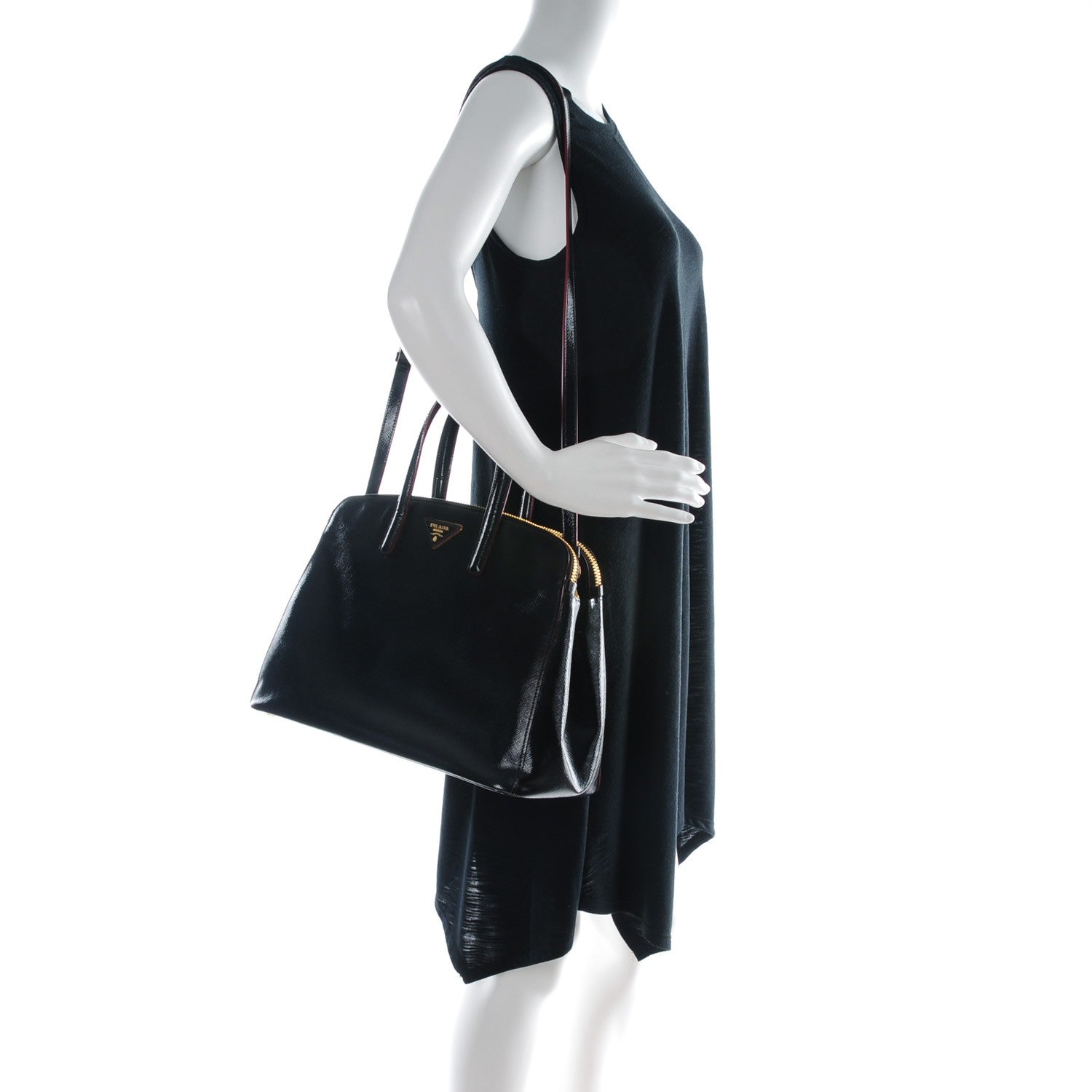Prada Saffiano Vernice Double Zip Tote Black 2 of 8