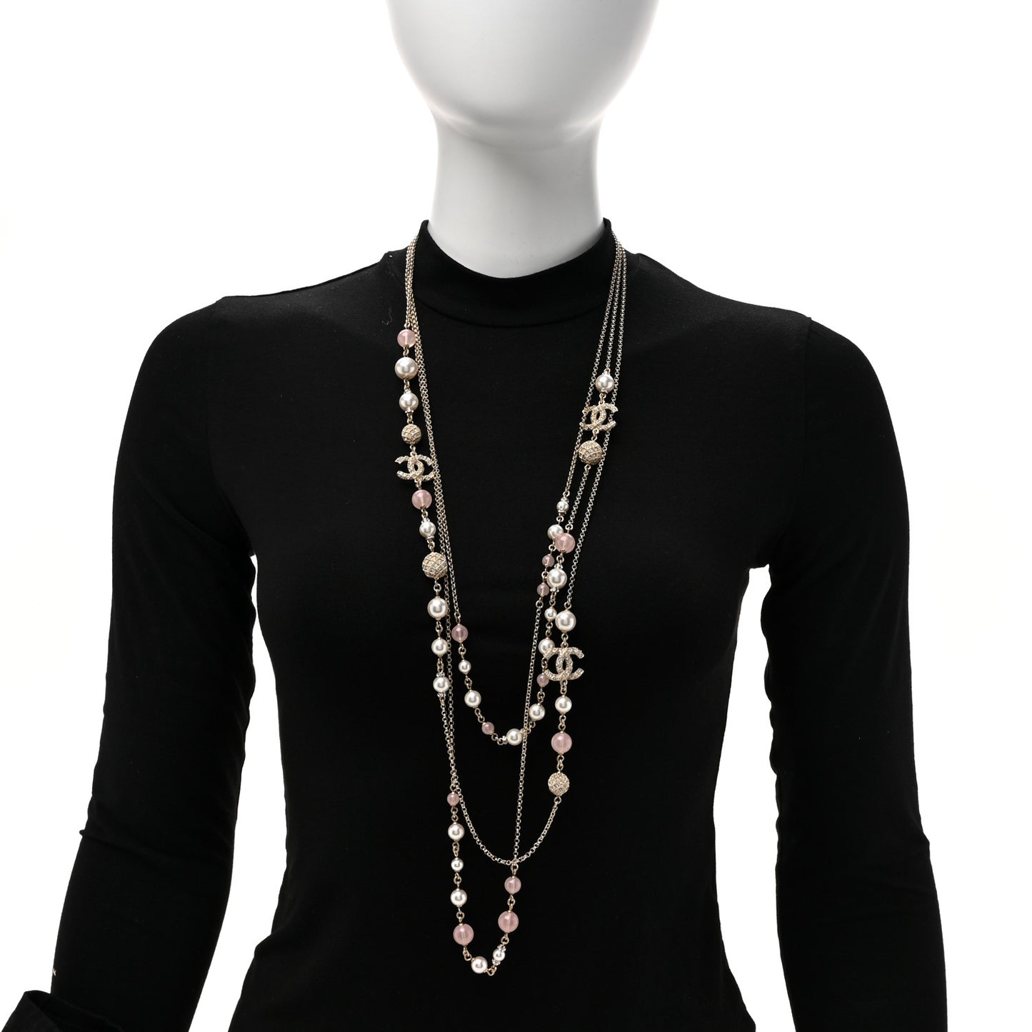 Pearl Crystal Resin CC Beaded Long Necklace Gold Pearly White Pink