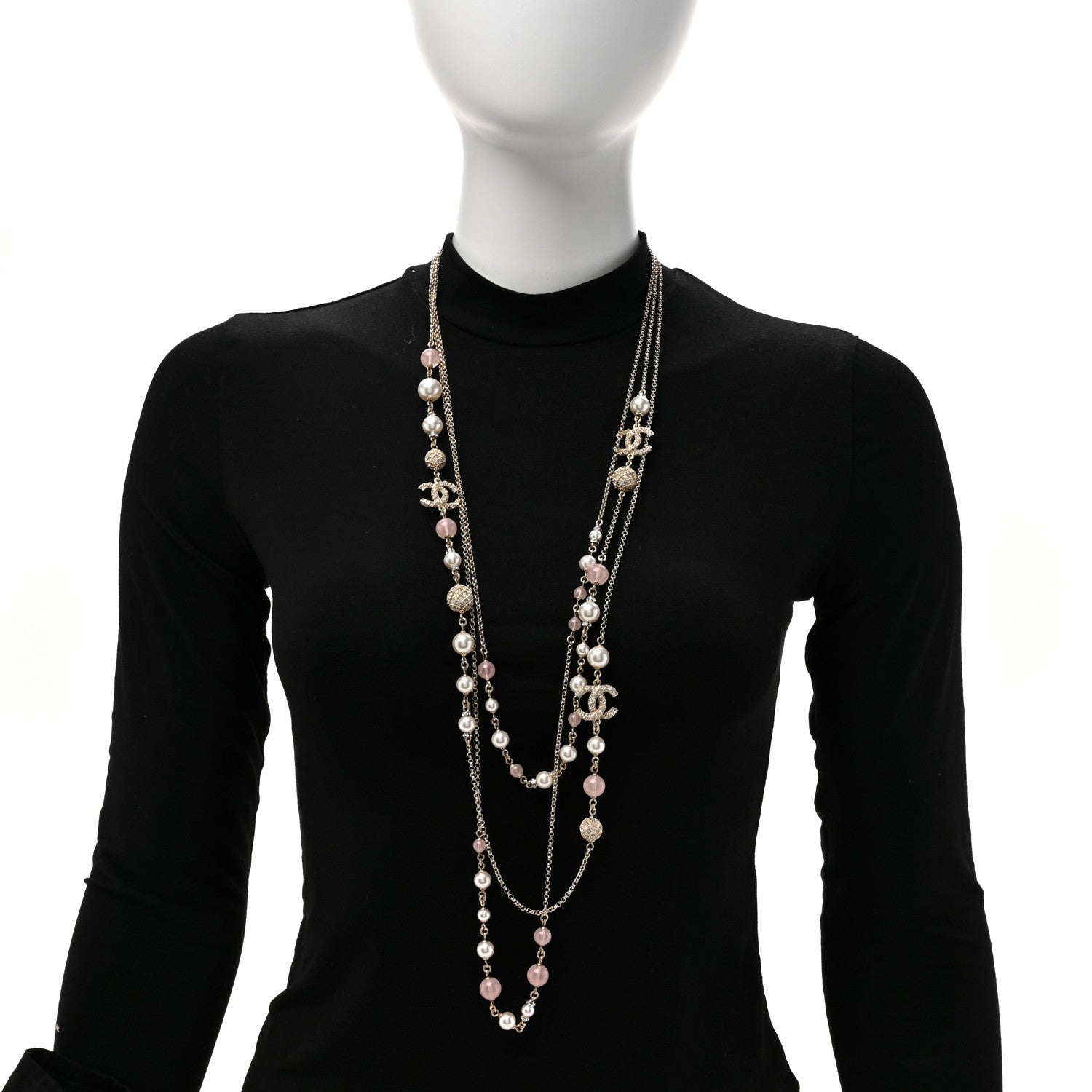 Chanel Pearl Crystal Resin CC Beaded Long Necklace Gold Pearly White Pink 2 of 5