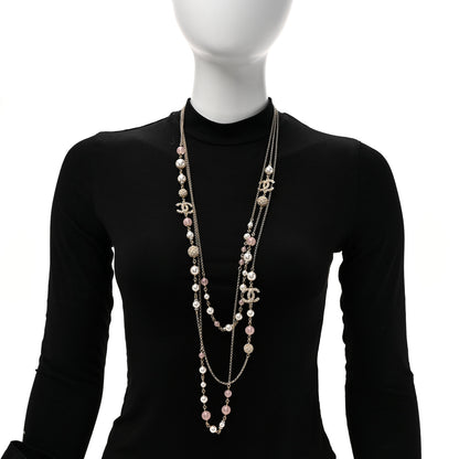 Chanel Pearl Crystal Resin CC Beaded Long Necklace Gold Pearly White Pink 2 of 5