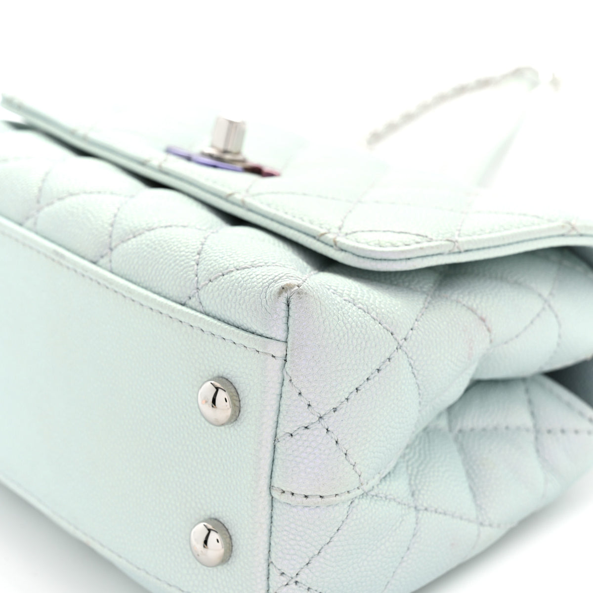Iridescent Caviar Quilted Extra Mini Coco Handle Flap Light Blue