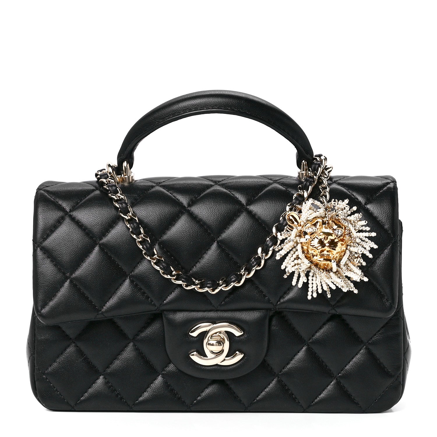 Chanel Lambskin Pearl Crystal Quilted Mini CC Lion Charm Top Handle Rectangular Flap Black 1 of 13