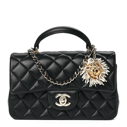 Chanel Lambskin Pearl Crystal Quilted Mini CC Lion Charm Top Handle Rectangular Flap Black 1 of 13