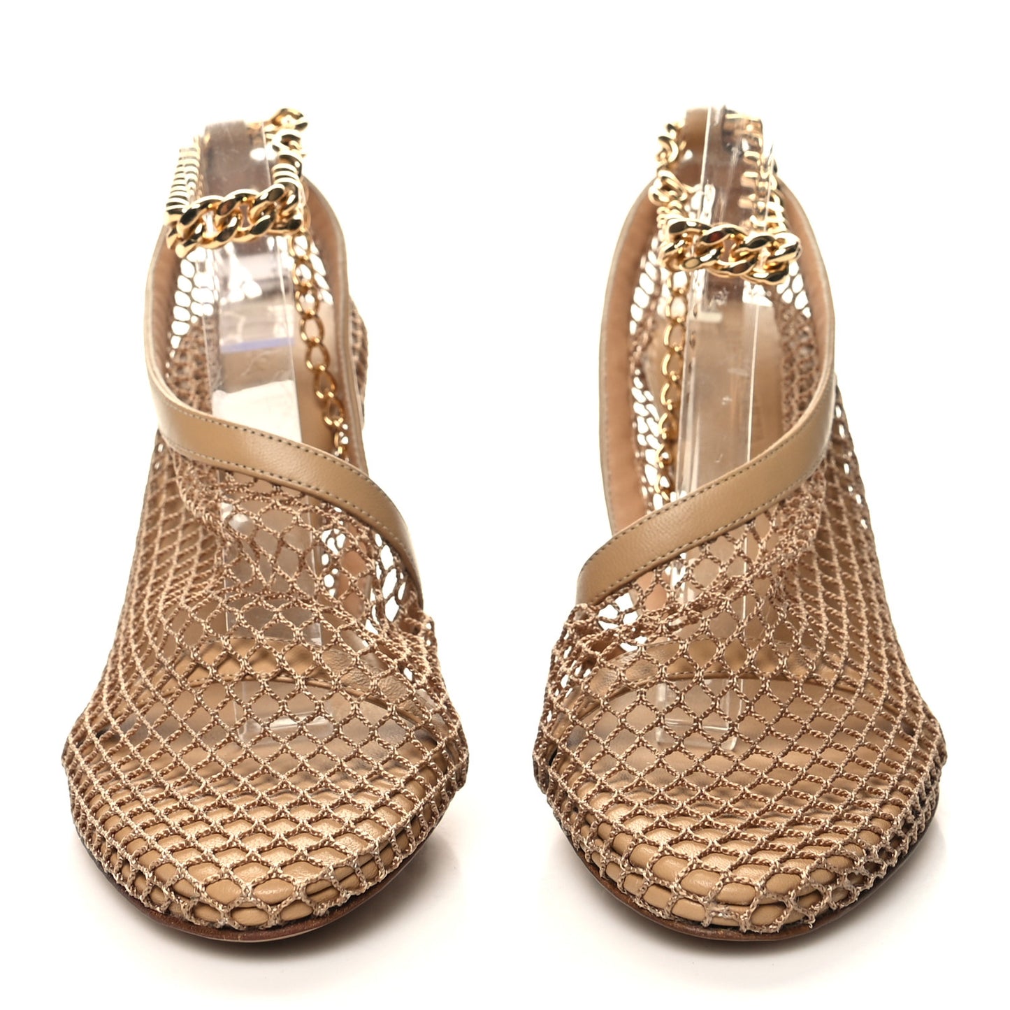 Mesh Calfskin Chain Stretch Pumps 36 Beige