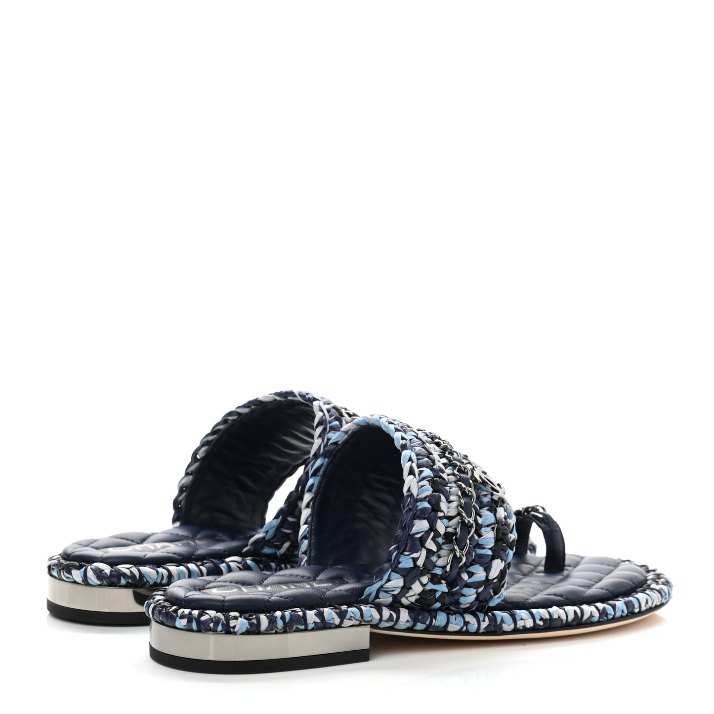 Lambskin Raffia Chain Flat Sandals 36 Blue Black