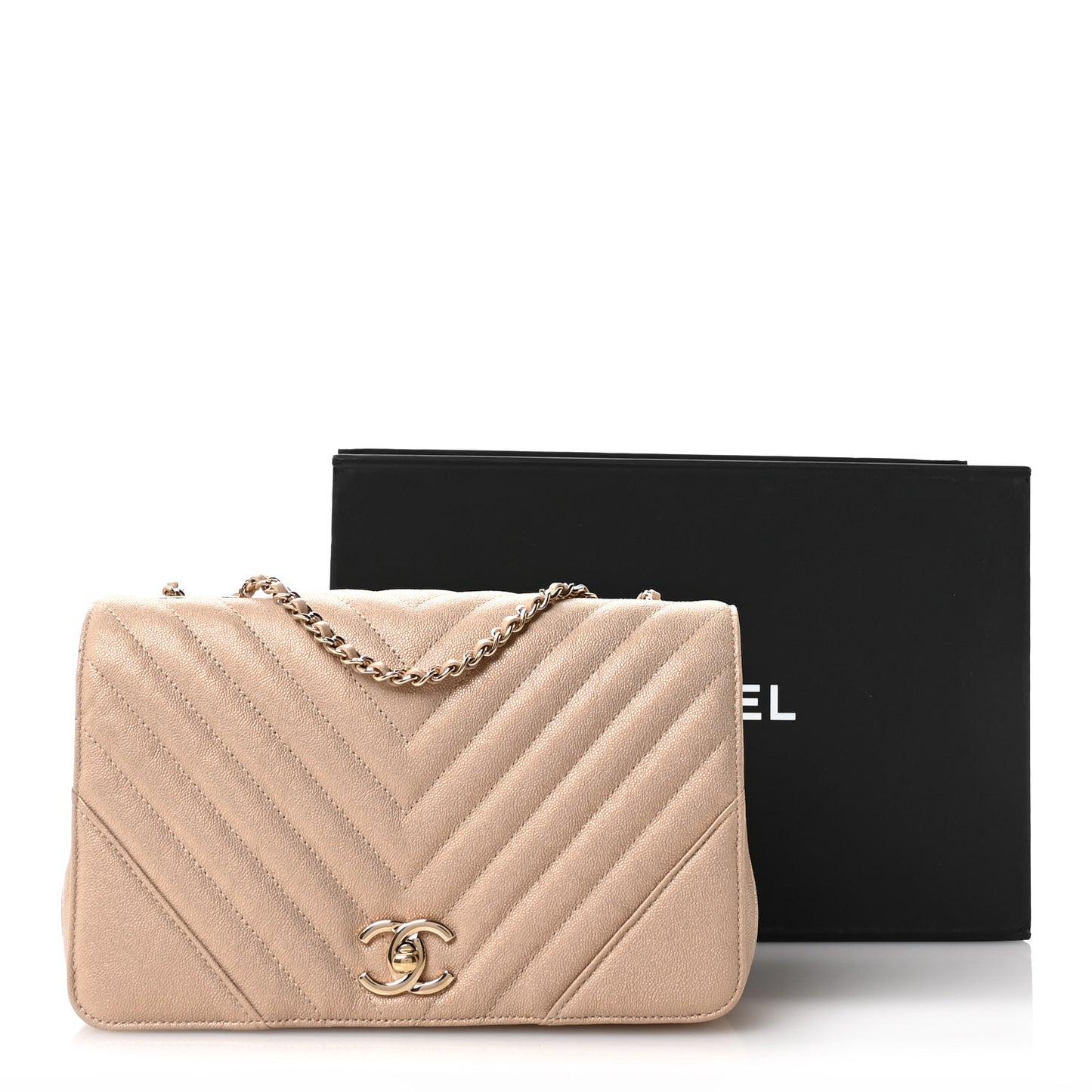 Metallic Caviar Chevron Quilted Medium Statement Flap Beige