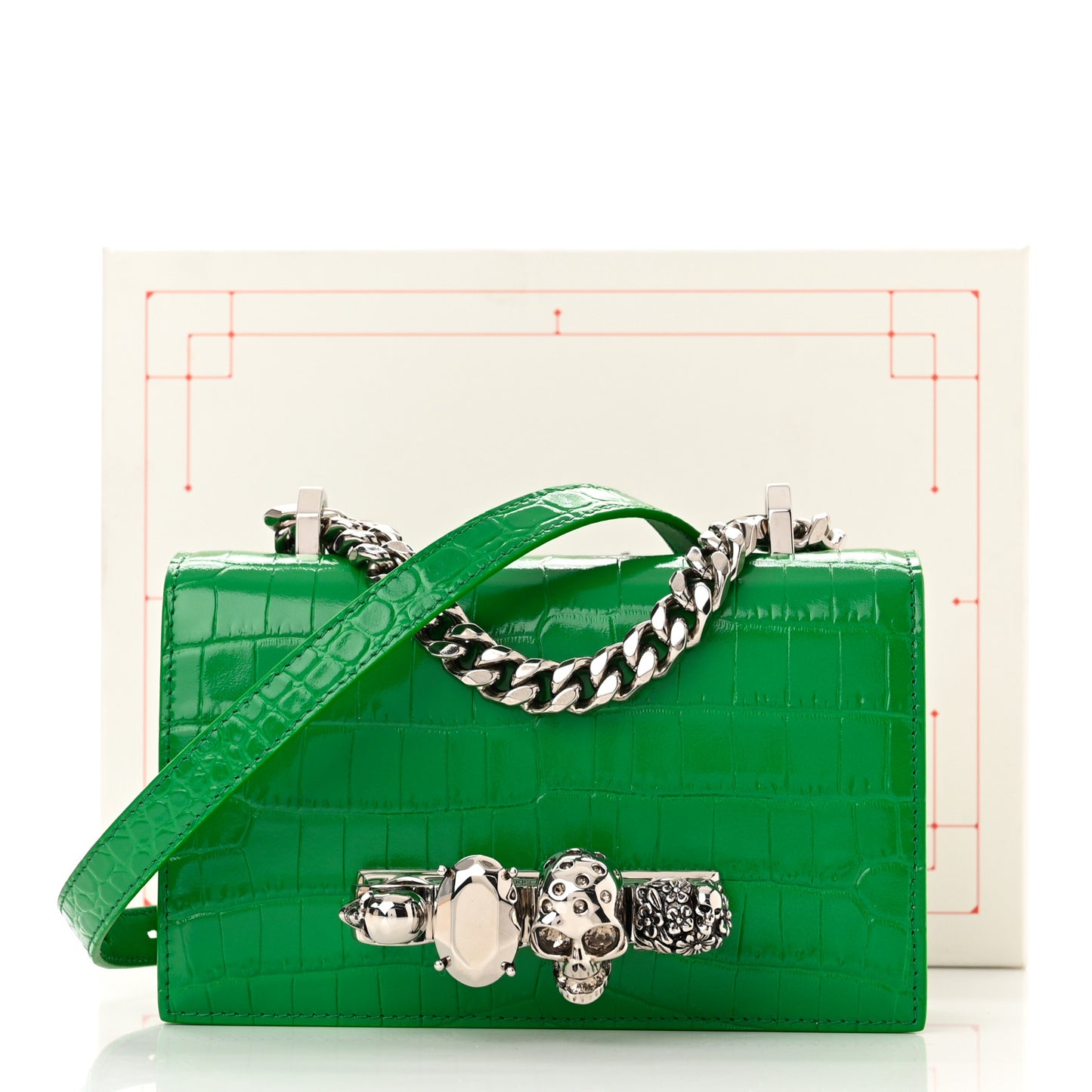 Calfskin Crocodile Embossed Knuckle Shoulder Bag Green