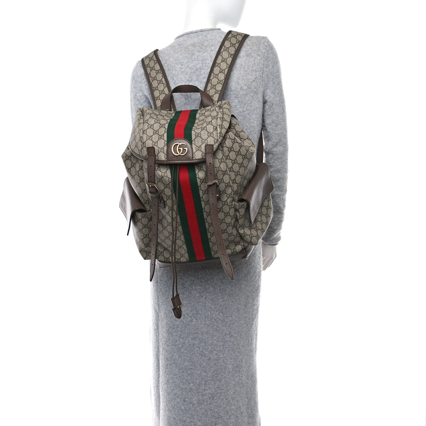 GG Supreme Monogram Medium Ophidia Double Buckle Backpack Brown