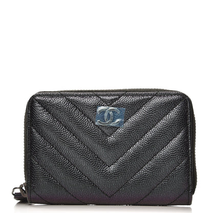 Chanel Iridescent Caviar Chevron Quilted Zip Around Coin Purse Black 1 of 8