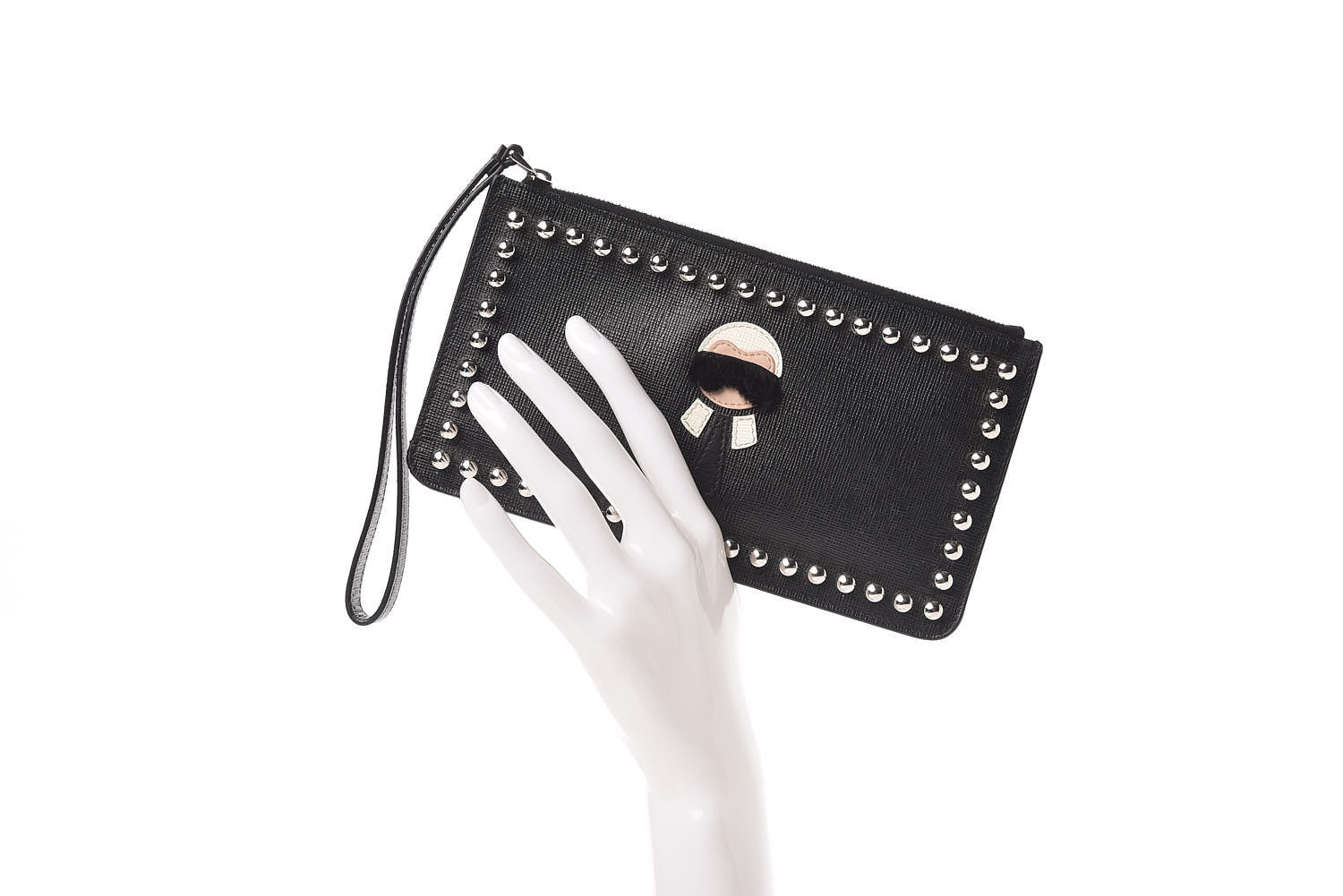 Fendi Vitello Elite Mink Fur Studded Karlito Zip Pouch Black 3 of 8