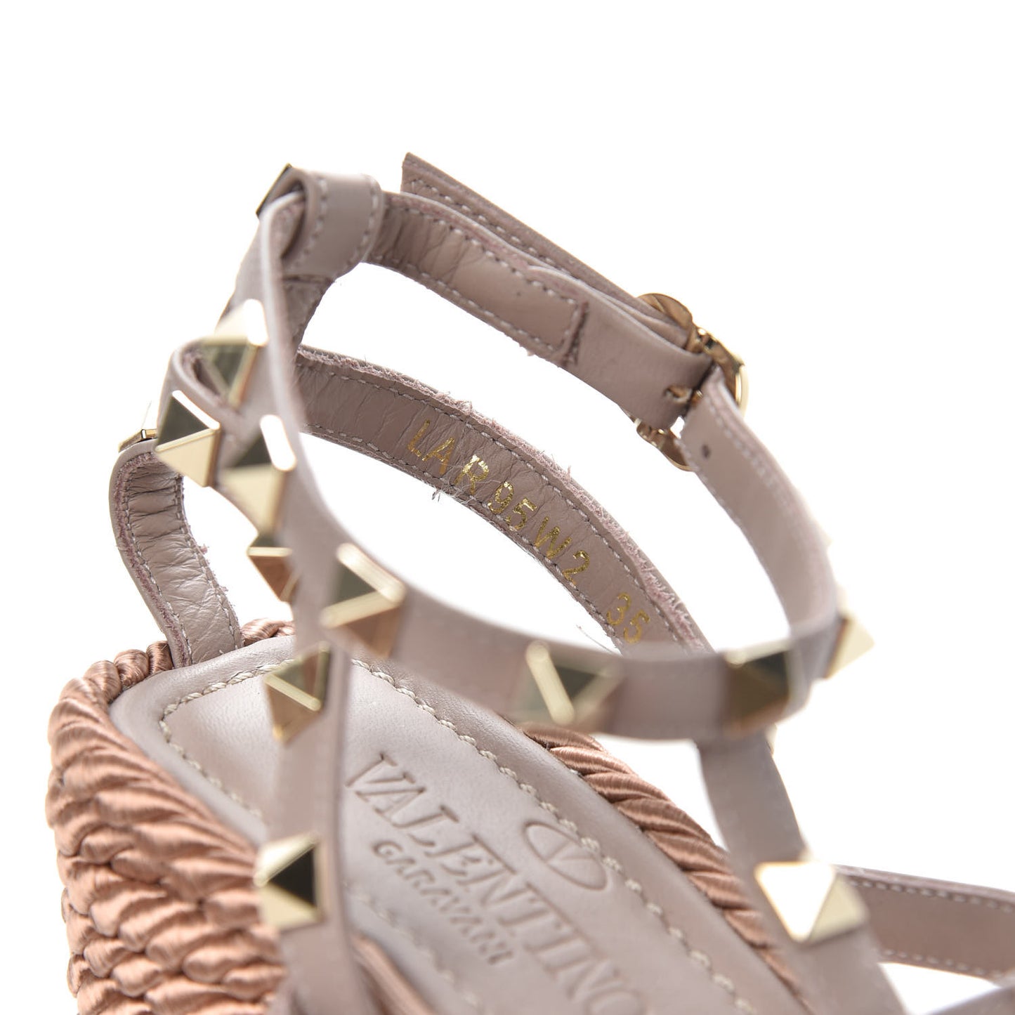 Calfskin Rockstud Ankle Strap Torchon Espadrille Caged 25/95mm Wedge Sandals 35 Poudre