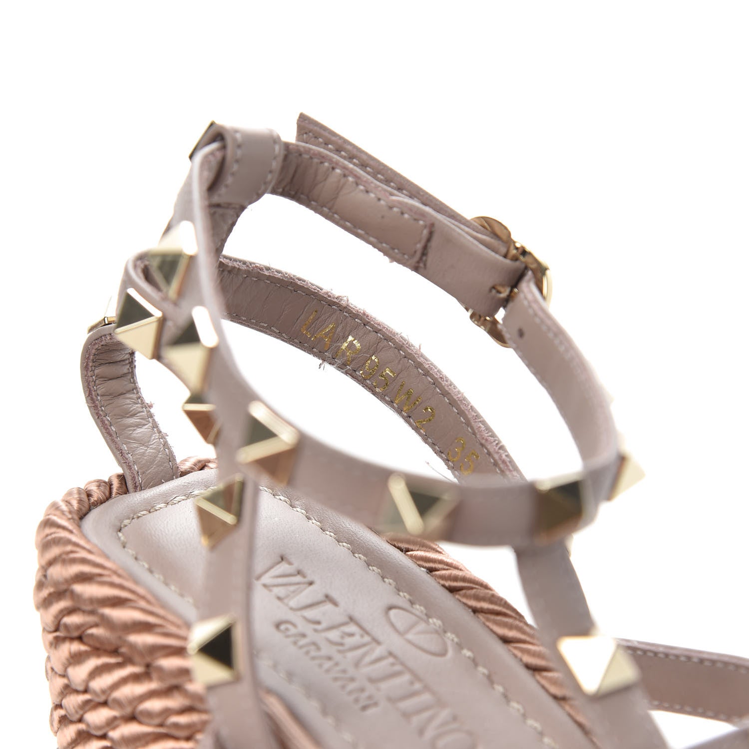 Valentino Garavani Calfskin Rockstud Ankle Strap Torchon Espadrille Caged 25/95mm Wedge Sandals 35 Poudre 7 of 7