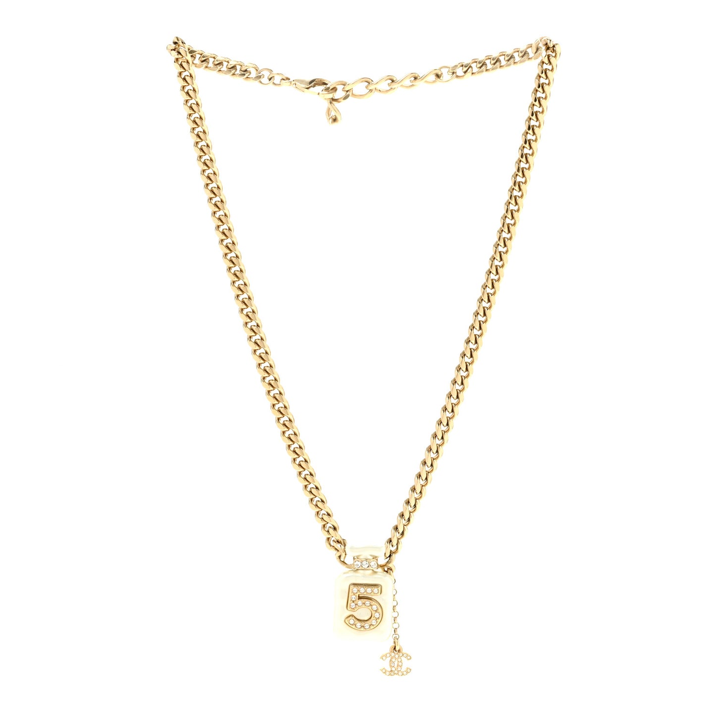 Pearl Resin Crystal CC No 5 Perfume Bottle Necklace Gold Pearly White
