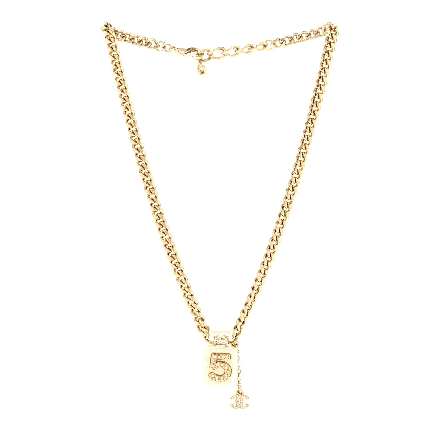 Chanel Pearl Resin Crystal CC No 5 Perfume Bottle Necklace Gold Pearly White 3 of 6