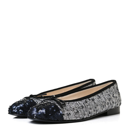 Chanel Tweed Sequin Cap Toe Ballerina Flats 37.5 Black Blue 3 of 14