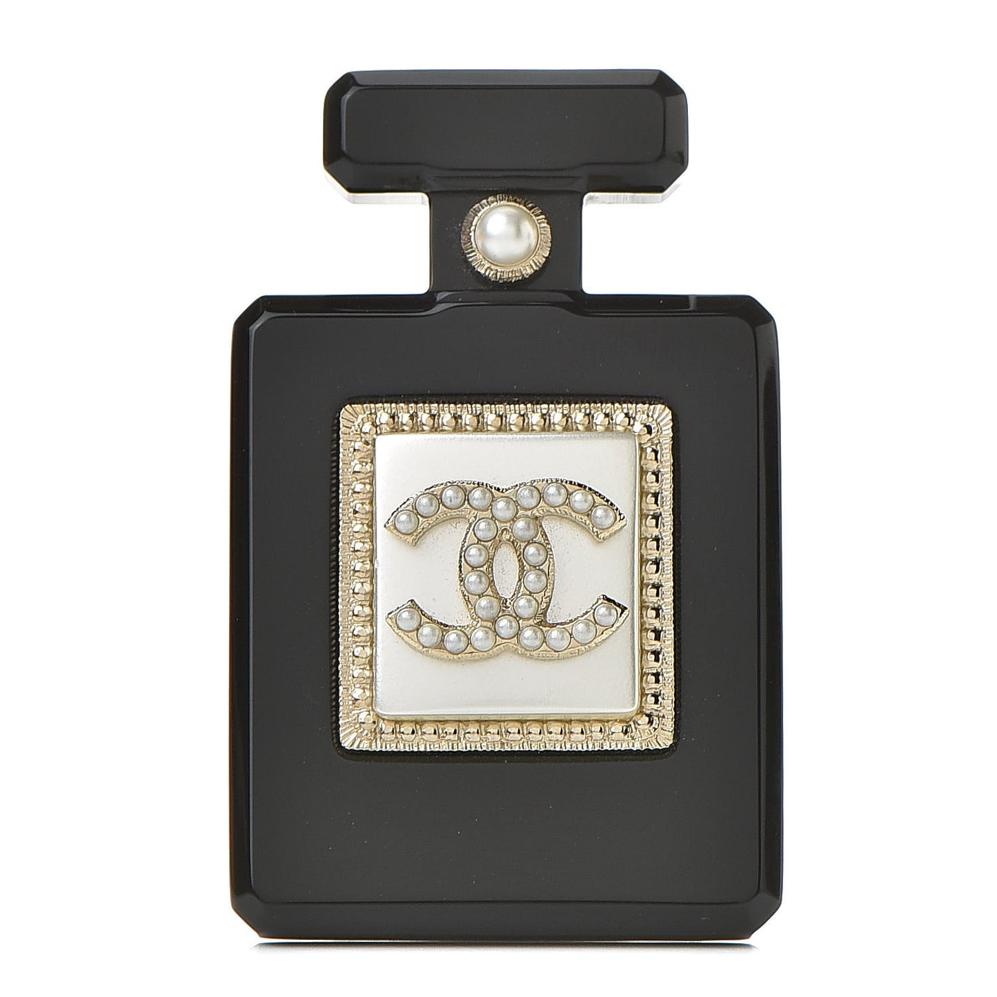 Resin Pearl Perfume Bottle CC Brooch Black Gold