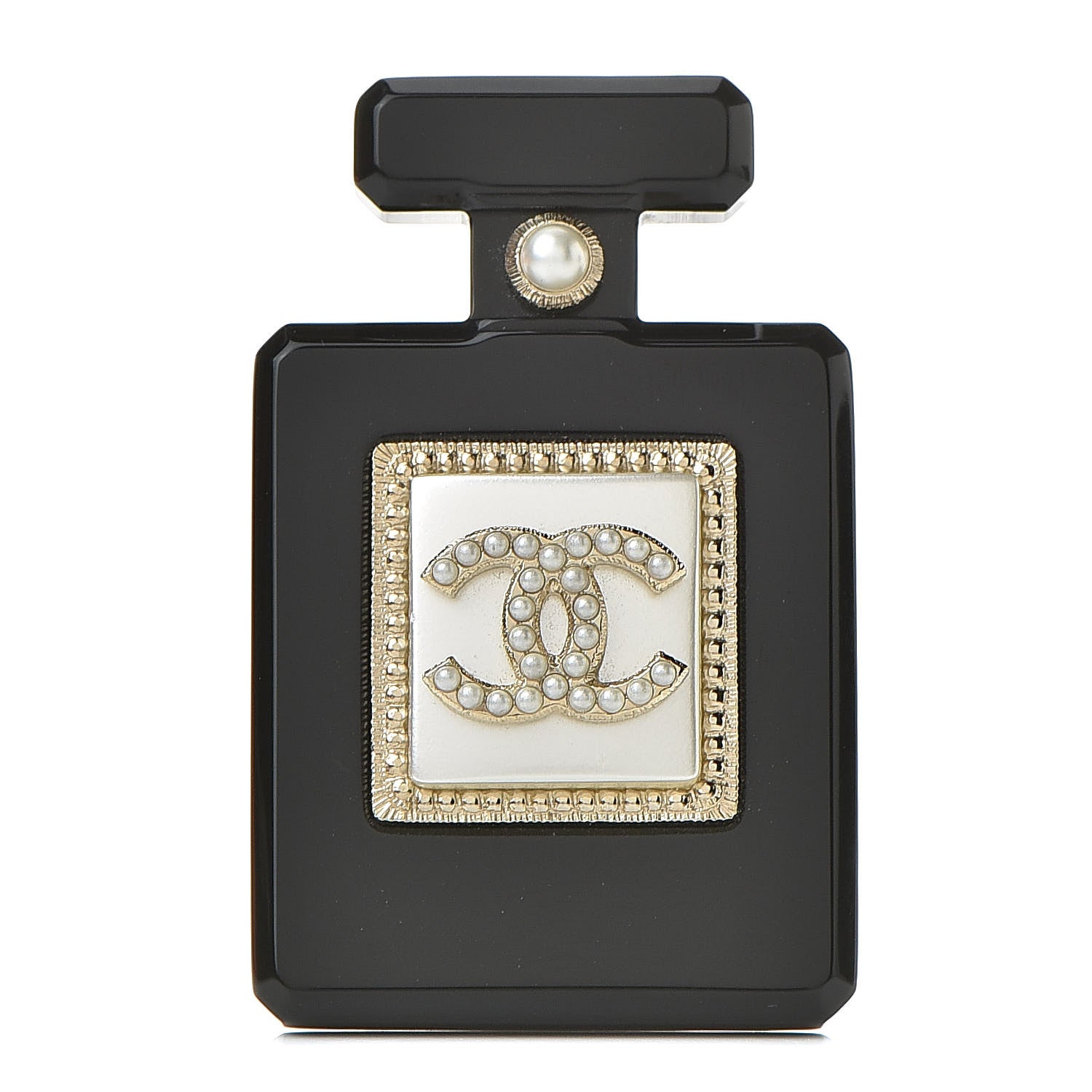 Chanel Resin Pearl Perfume Bottle CC Brooch Black Gold 1 of 5