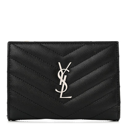 Saint Laurent Grain De Poudre Matelasse Chevron Monogram Zipped Two-Part Wallet Black 1 of 8