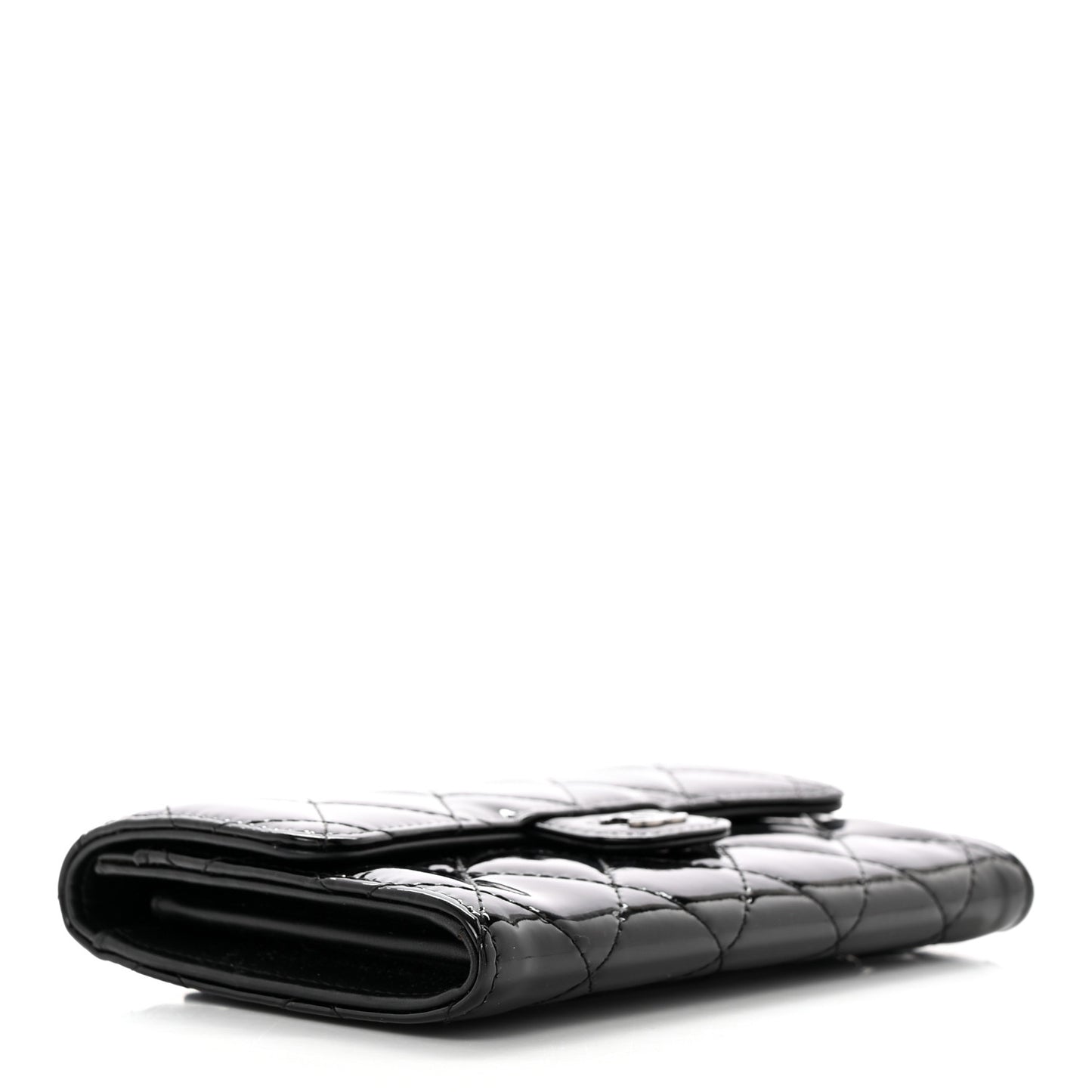 Patent Calfskin Quilted Small Flap Wallet Black