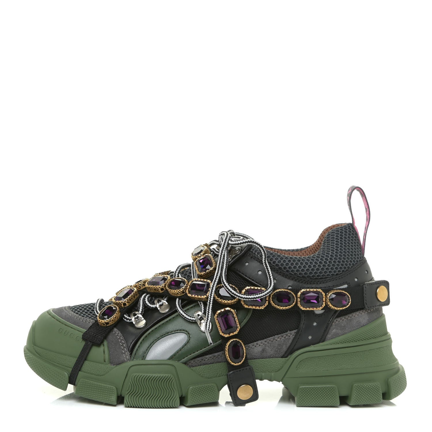 Gucci X SEGA Mesh Suede Calfskin Removable Crystals Mens Flashtrek Sneakers 7 Loess Black Olive Green 1 of 14