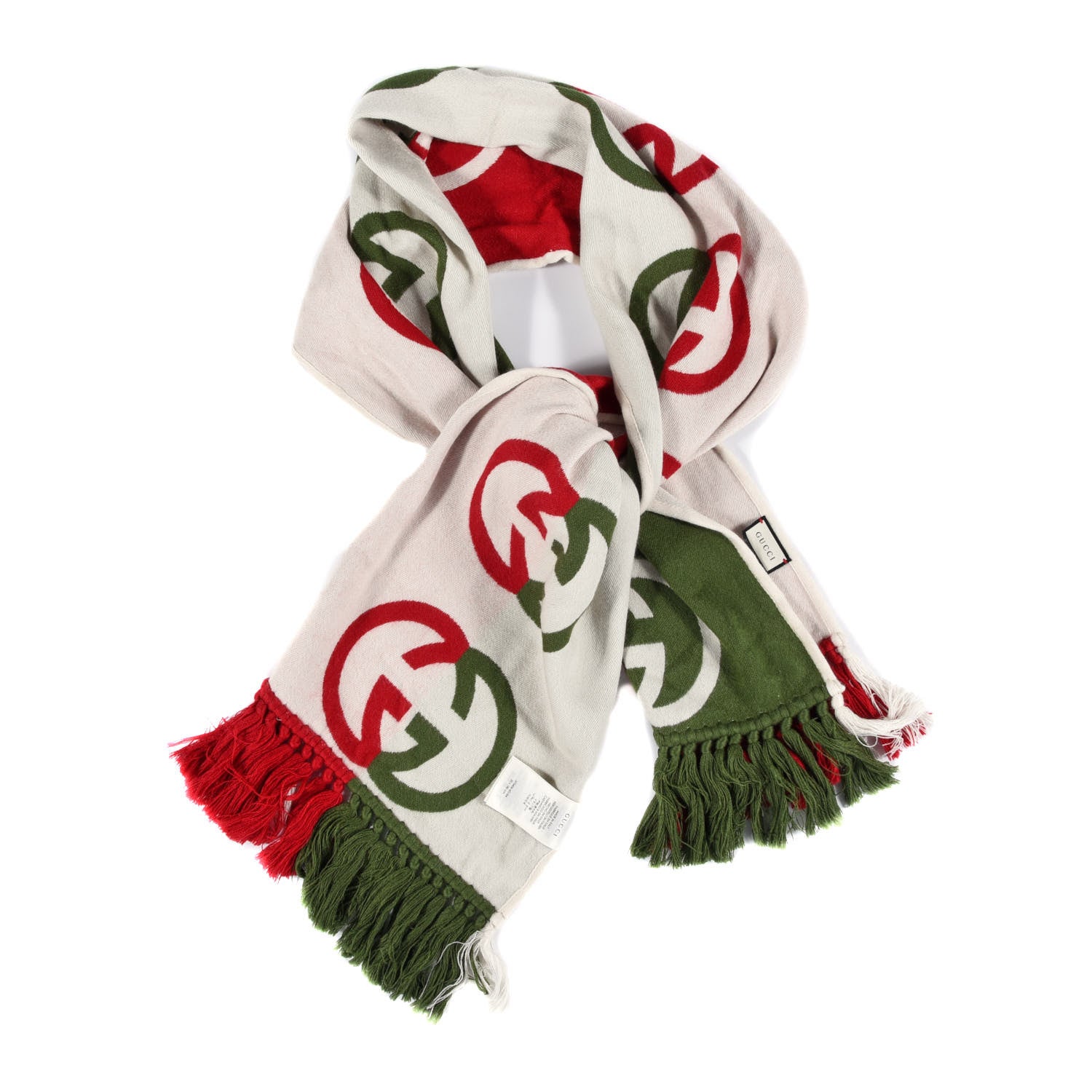 Gucci Wool Geyjerry Reversible Fringe Scarf Green Red 1 of 4
