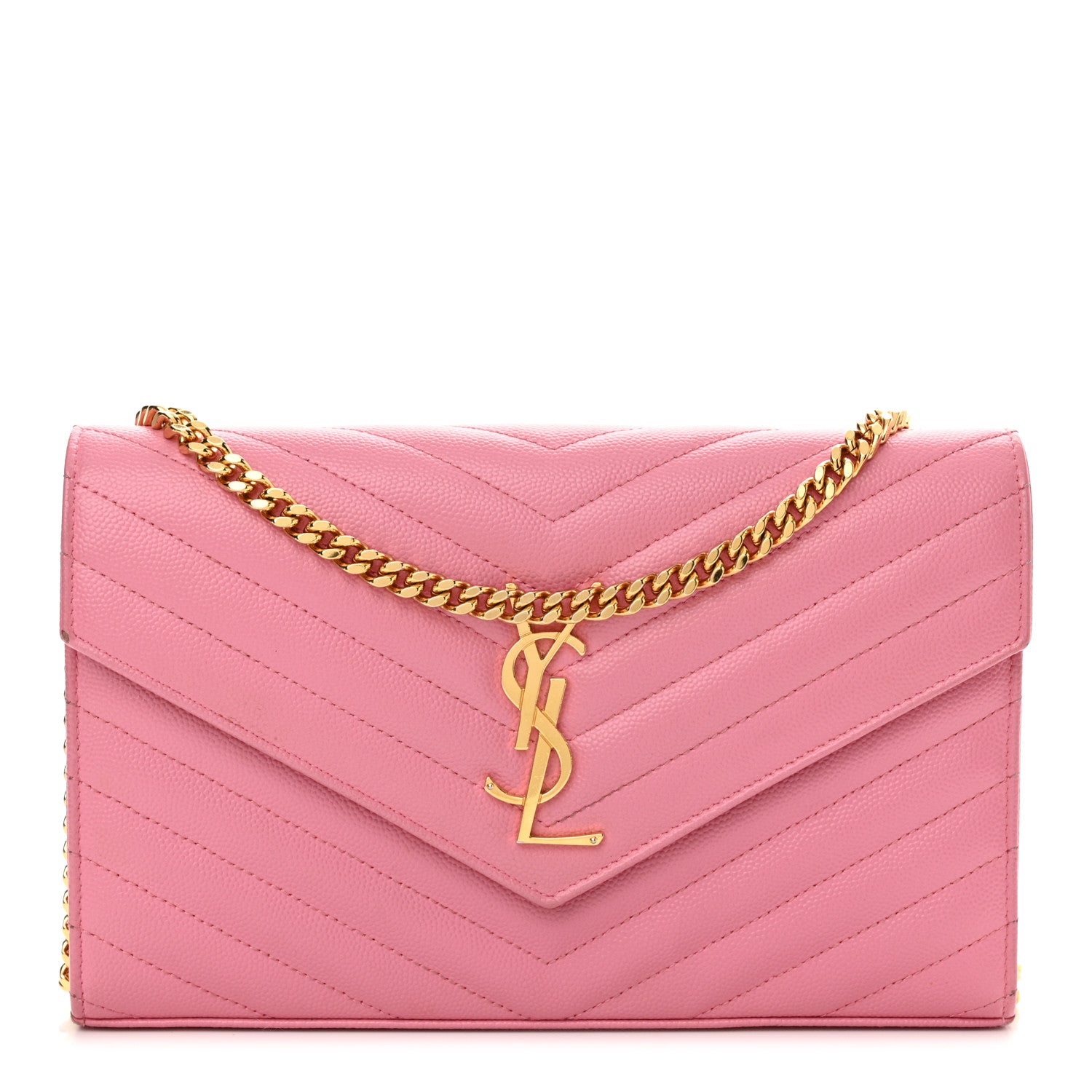 Saint Laurent Grain De Poudre Matelasse Chevron Monogram Chain Wallet Indian Pink 1 of 16