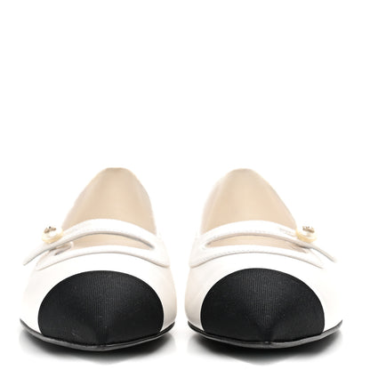 Chanel Shiny Lambskin Grosgrain Pearl Mary Janes Flats 38 White Black 3 of 10