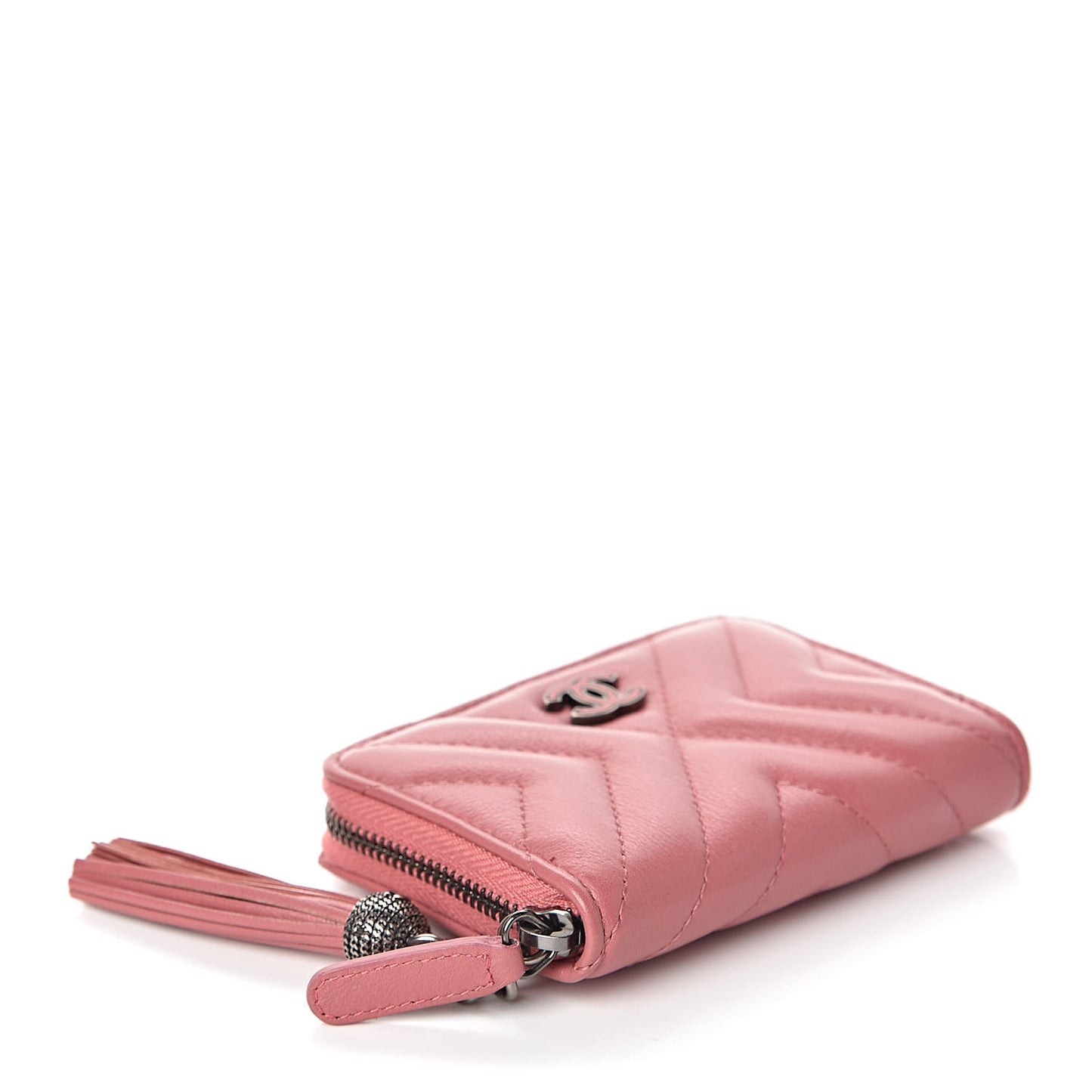 Calfskin Chevron Quilted Tassel Zip Around Coin Purse Pink