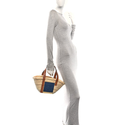 Loewe Raffia Small Basket Tote Bag Natural Tan Navy 2 of 9