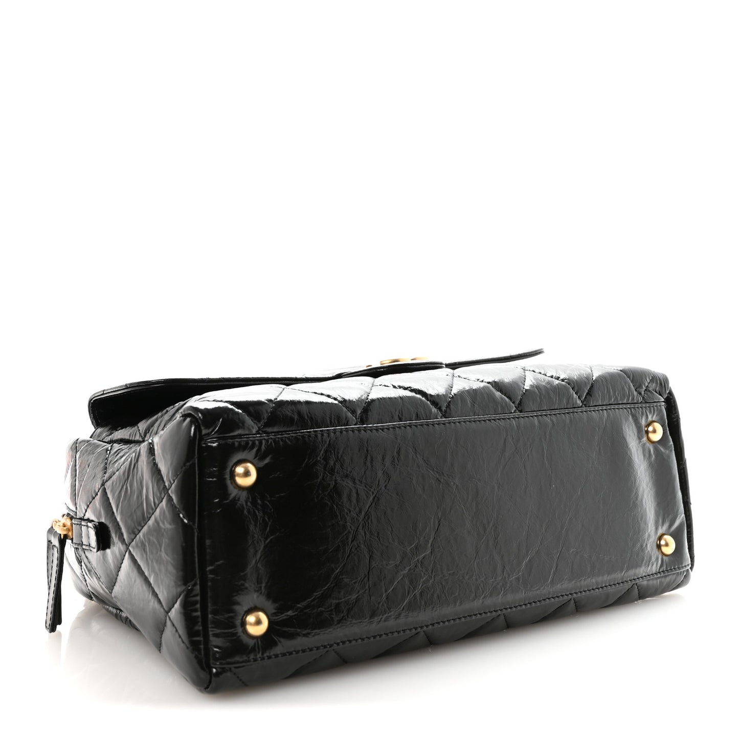 Shiny Crumpled Calfskin Quilted Large Bowling Bag Black