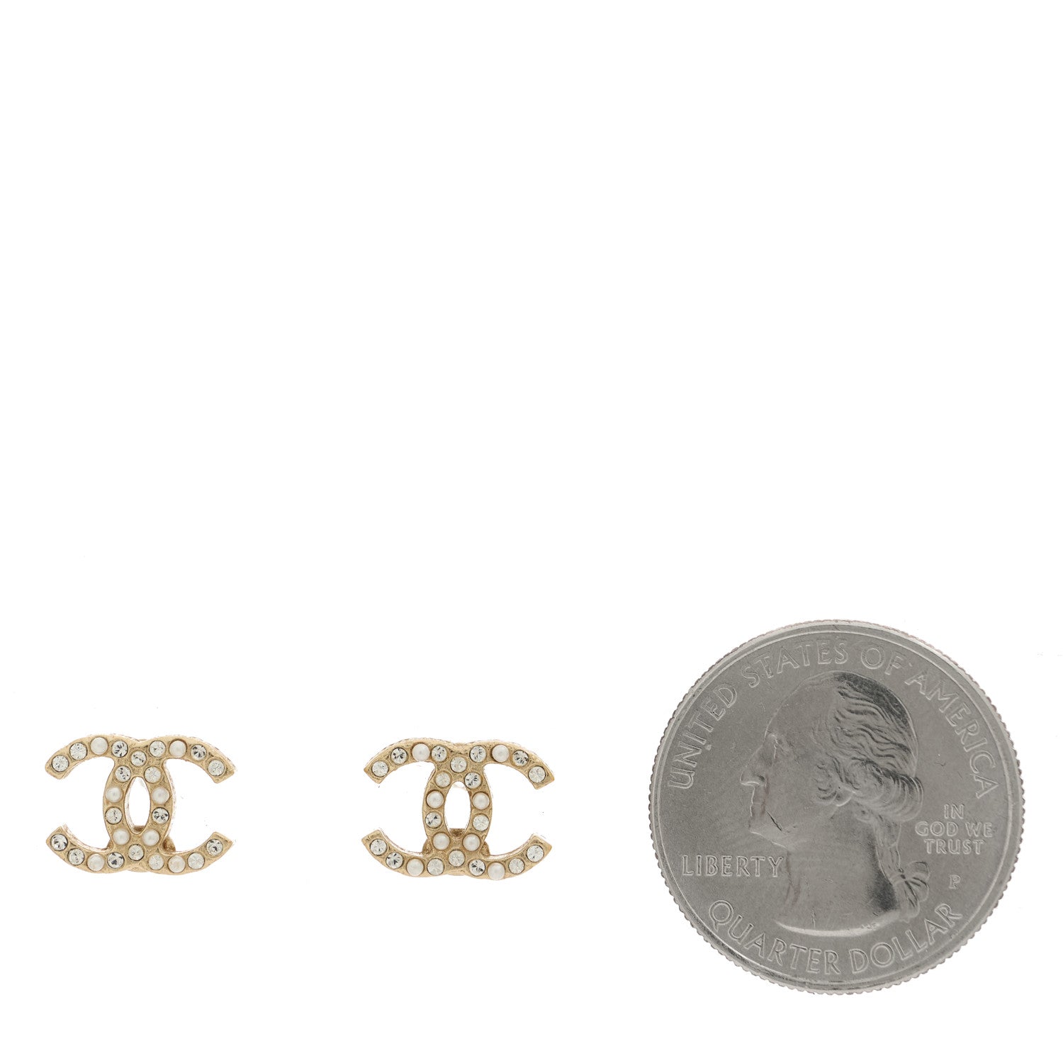 Chanel Pearl Crystal CC Charms Stud Earrings Light Gold 2 of 4