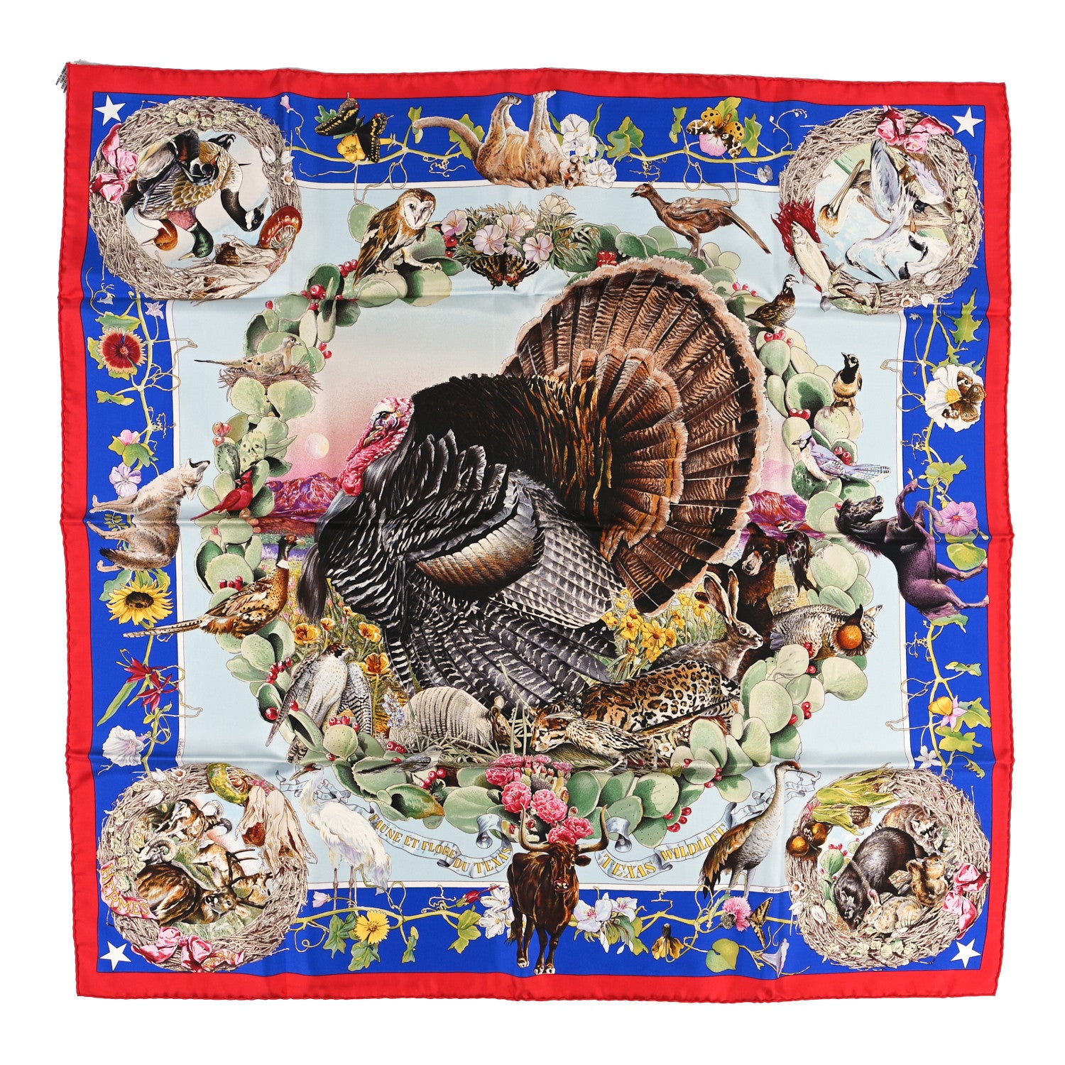 Hermes Silk Faune Et Flore Du Texas Scarf 90 Bleu 1 of 4