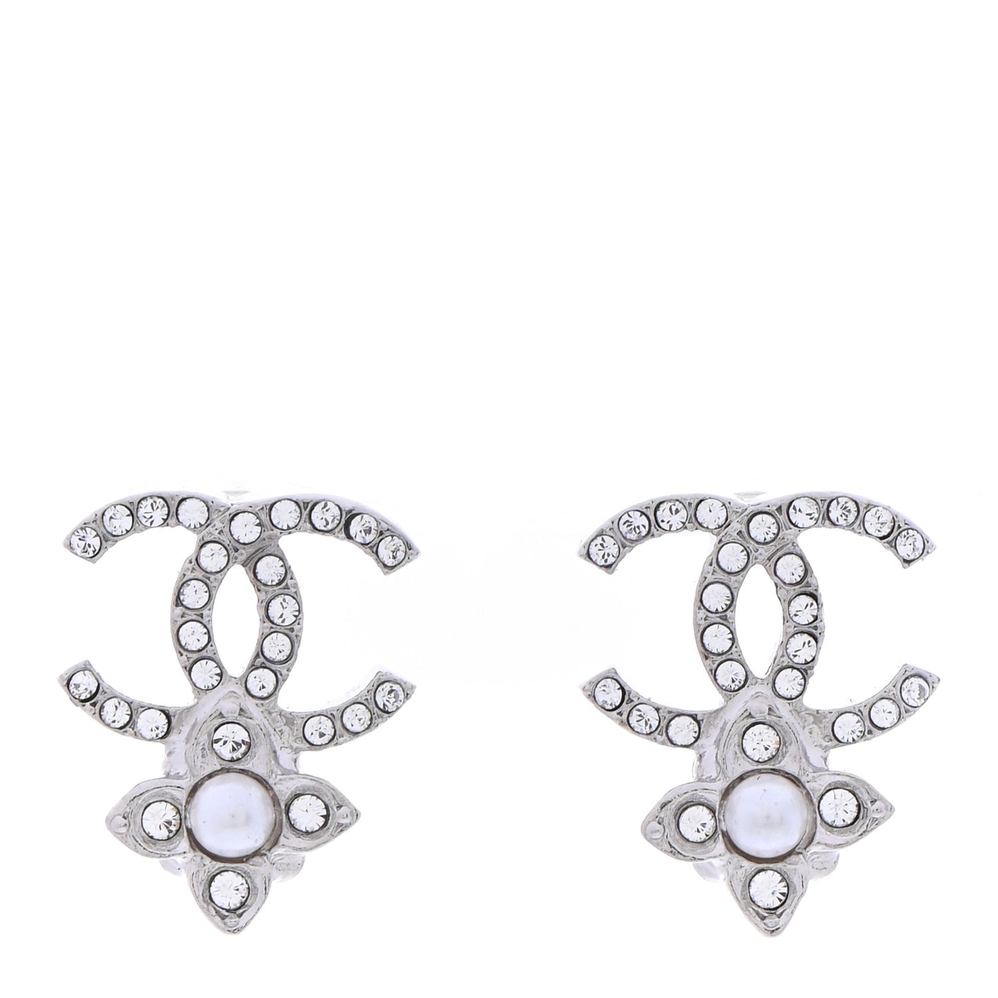 Crystal Pearl Flower CC Earrings Silver