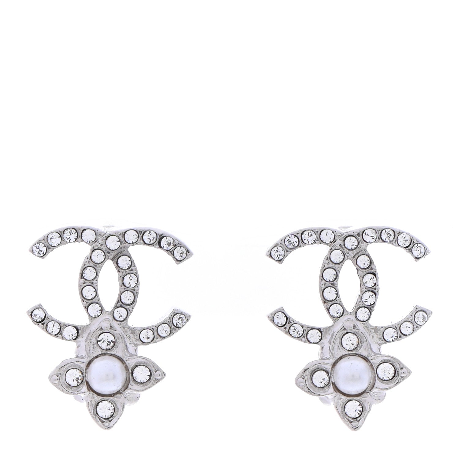 Chanel Crystal Pearl Flower CC Earrings Silver 1 of 4