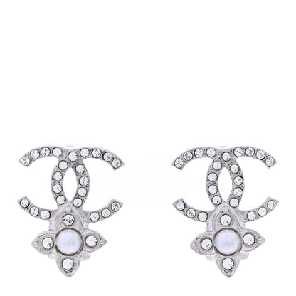 Chanel Crystal Pearl Flower CC Earrings Silver 1 of 4