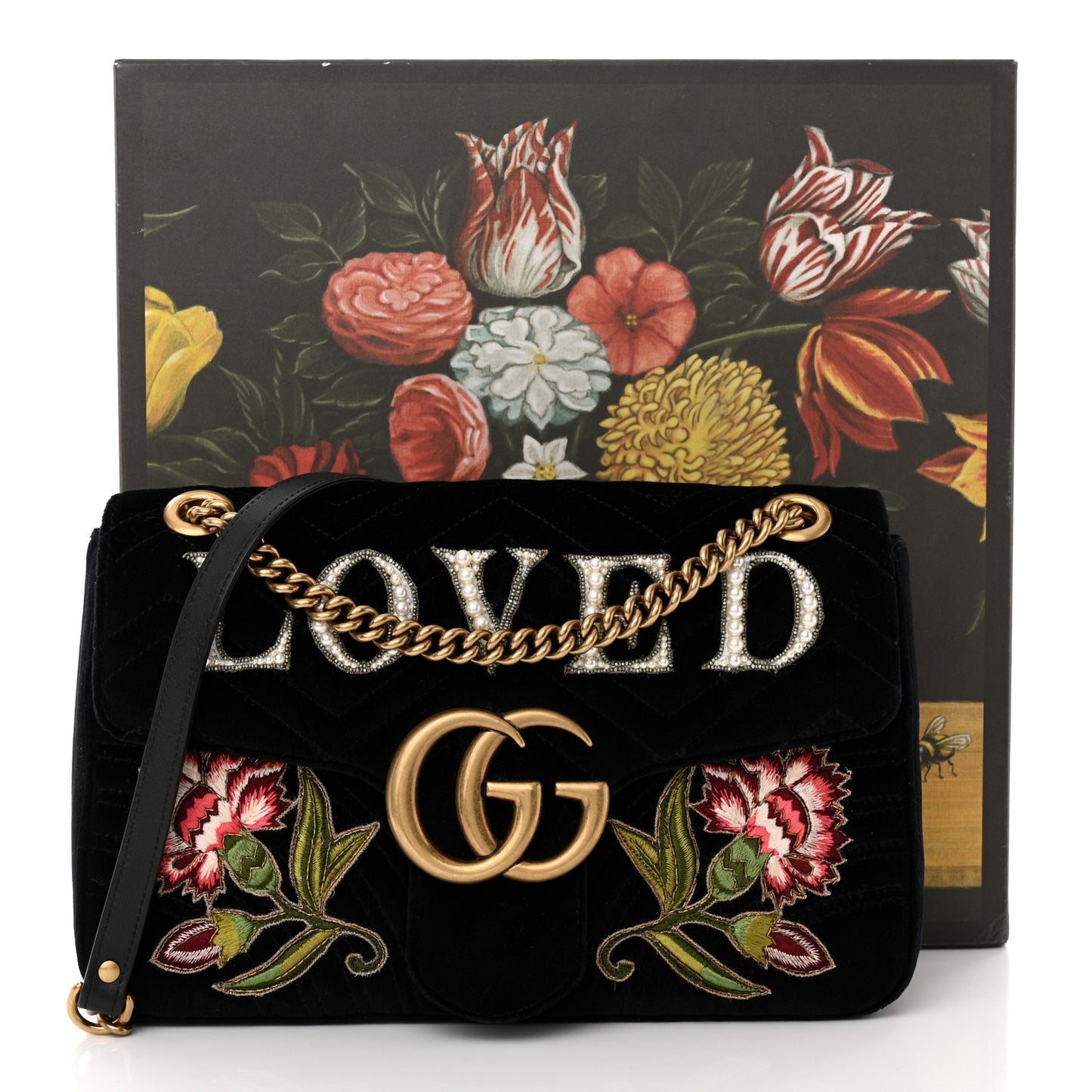 Velvet Matelasse Loved Embroidered Medium GG Marmont Shoulder Bag Black