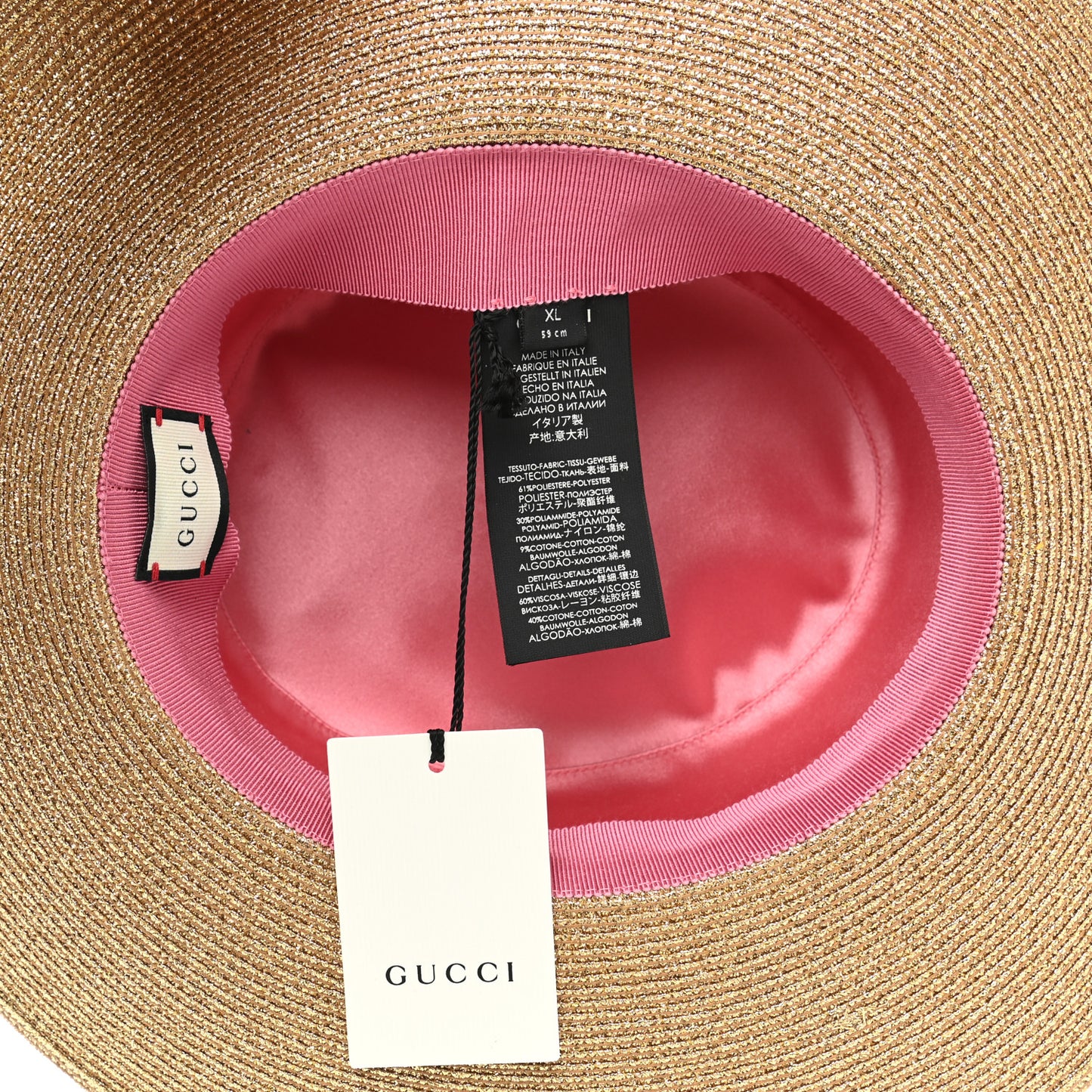 Glittered Straw Grosgrain Wide Brim Hat XL Gold Black