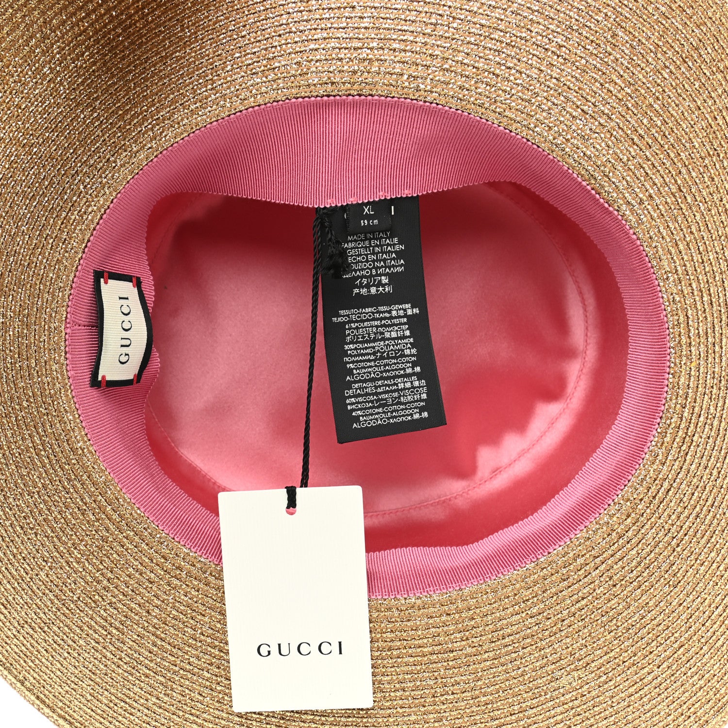 Gucci Glittered Straw Grosgrain Wide Brim Hat XL Gold Black 7 of 10
