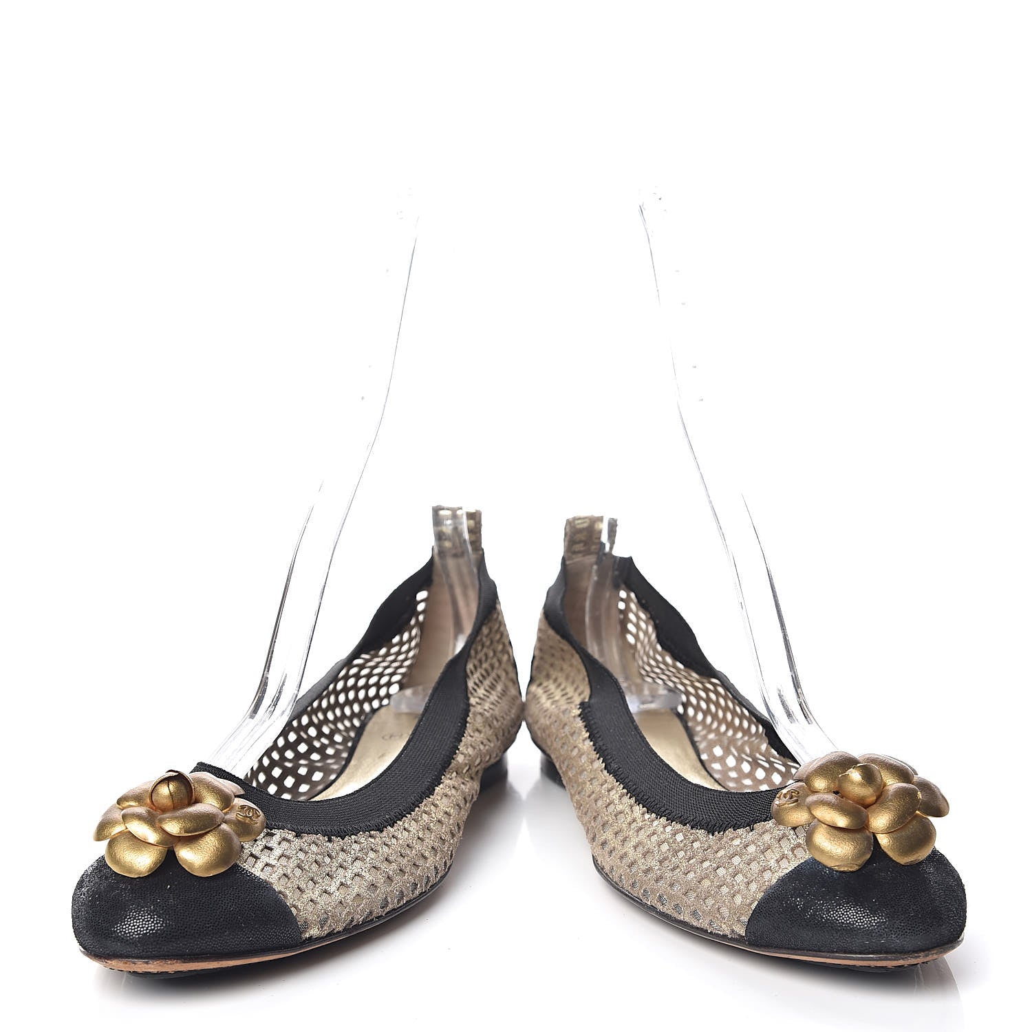 Chanel Perforated Elastic Camellia Ballerina Flats 40 Gold Black 6 of 14
