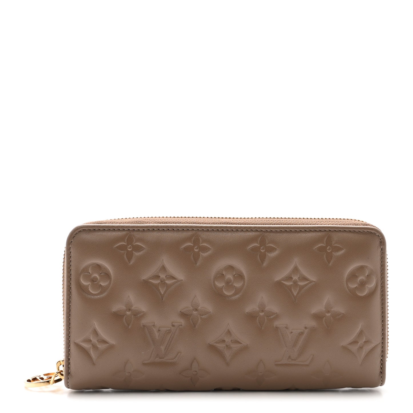Lambskin Embossed Monogram Coussin Zippy Wallet Taupe