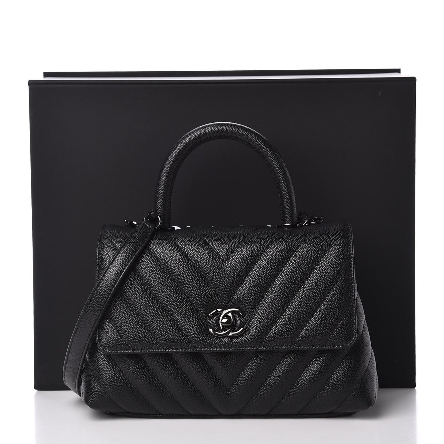 Caviar Chevron Quilted Mini Coco Handle Flap So Black