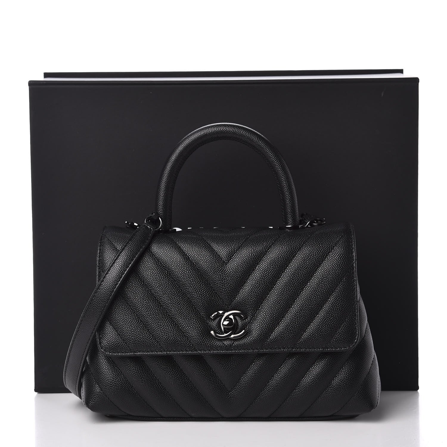 Chanel Caviar Chevron Quilted Mini Coco Handle Flap So Black 11 of 11