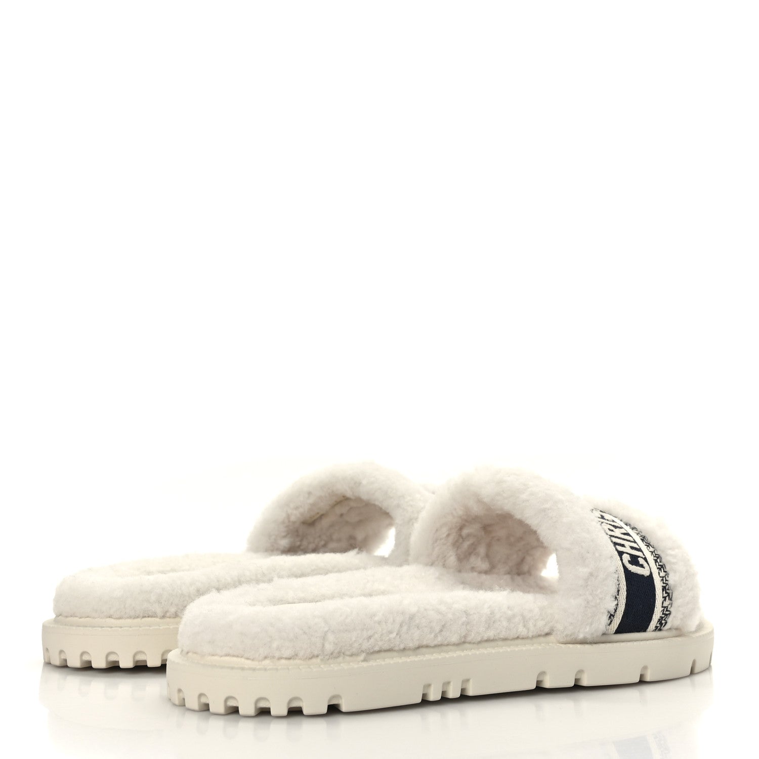 Christian Dior Shearling Canvas Embroidered Dway 10mm Slide Sandals 40 Natural Deep Blue 4 of 7
