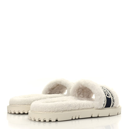 Christian Dior Shearling Canvas Embroidered Dway 10mm Slide Sandals 40 Natural Deep Blue 4 of 7