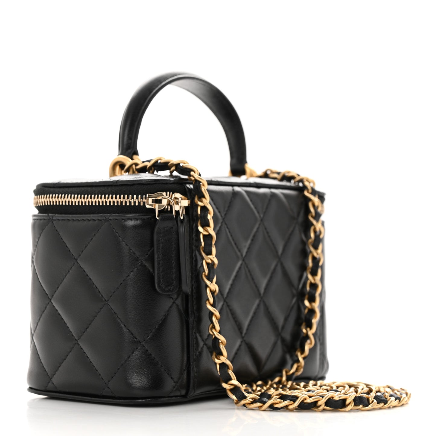Lambskin Quilted Small Top Handle Vanity Case With Chain Black
